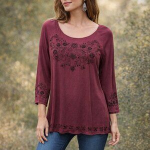 Tru Luxe Jeans Burgundy Floral Embroidered Beaded Boho Retro Tunic Top M